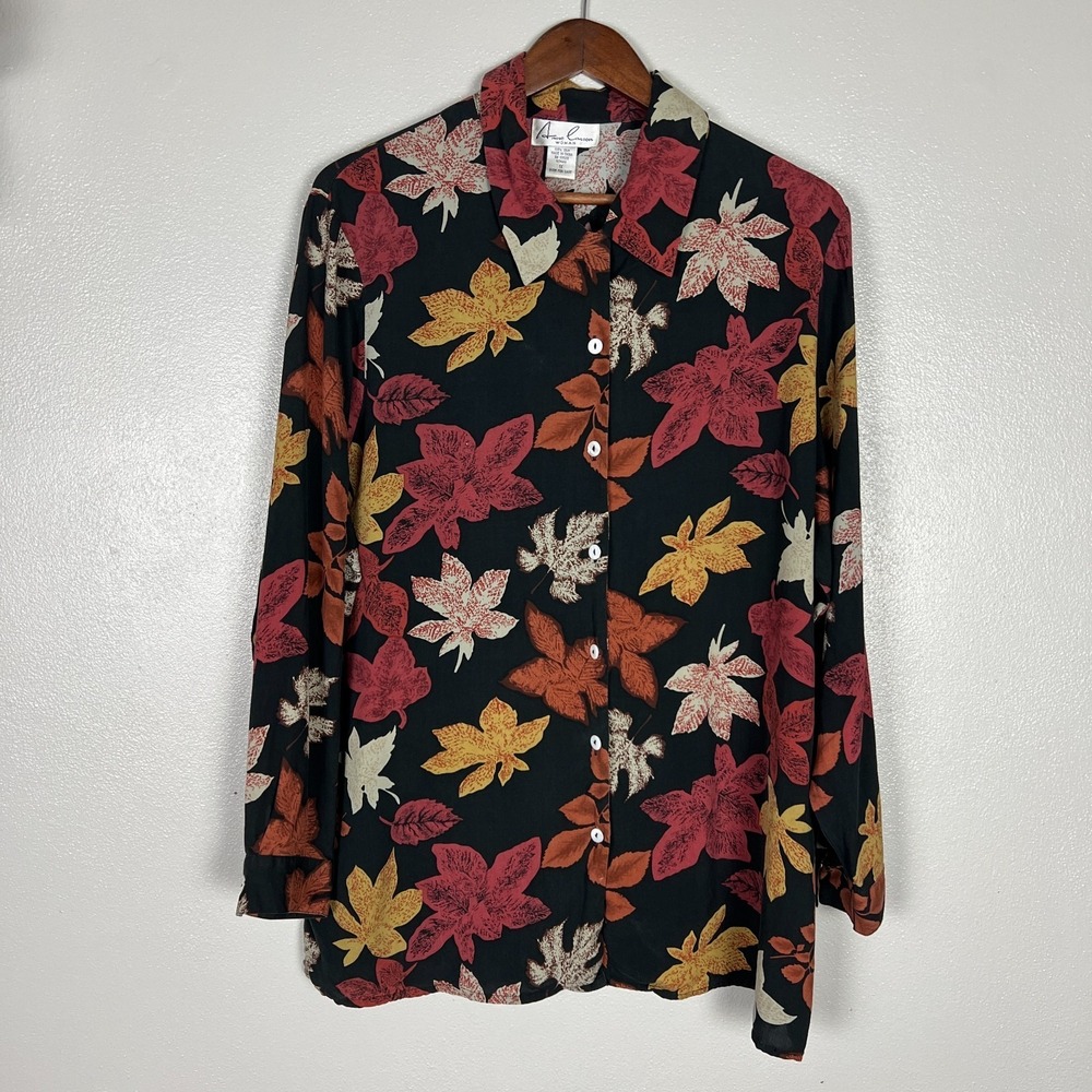 Anne Carson Blouse Top Women 1X Black 100% Silk Fall Leaves Button Up Shirt Plus